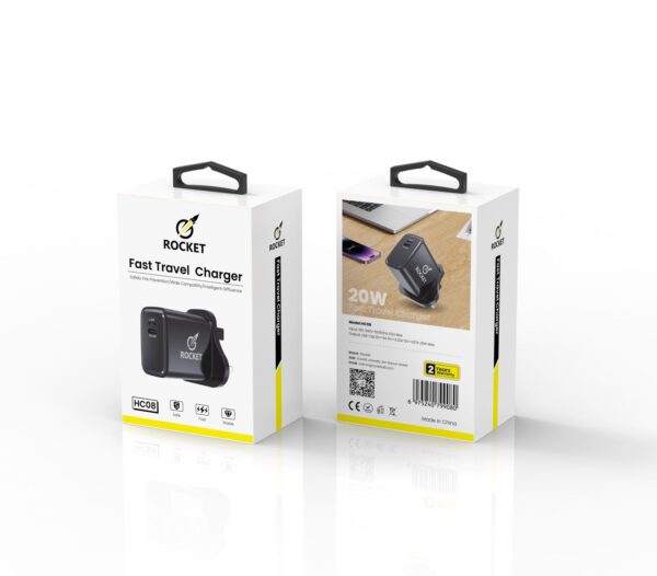 بلاك شحن بقوة 20W يحتوي على منفذ Type-C ومنفذ iPhone من شركة روكت ROCKET-(HC08)