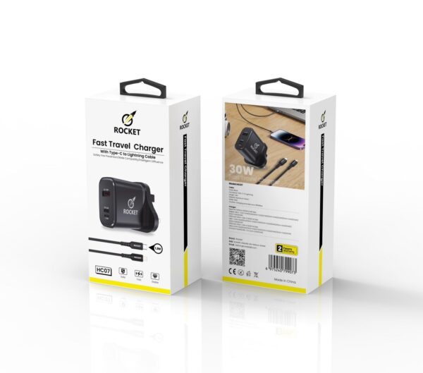 ROCKET (HC07) fast charger 30W USB A C/L with cable 30W lighting to type-c