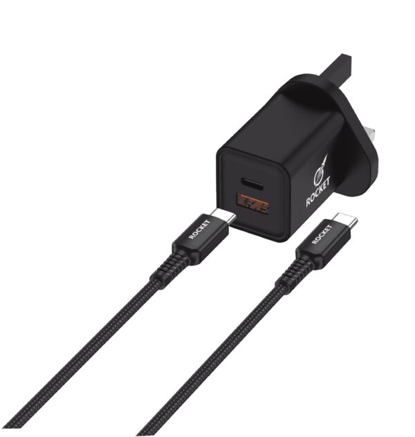 شاحن منزلي بقوة 35w يدعم الشحن السريع مع كيبل  Type-C to Type-C بقوة 60w من شركة روكت ROCKET-(HC09)