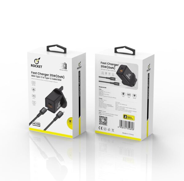شاحن منزلي بقوة 35w يدعم الشحن السريع مع كيبل  Type-C to Type-C بقوة 60w من شركة روكت ROCKET-(HC09)