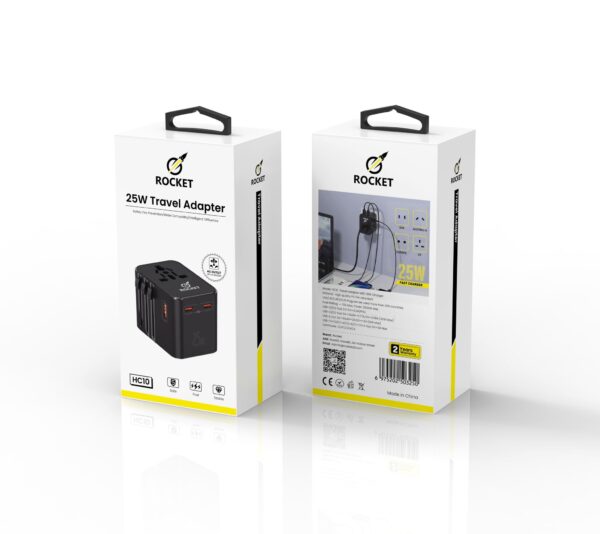 محول كهربائي عالمي للسفر 4 في 1 يحتوي على منفذين شحن Type-C بقدرة 25 واط ومنفذ USB بقدرة 18 واط من شركة ROCKET رمز المنتج (HC10) (Travel adapter fast charger)
