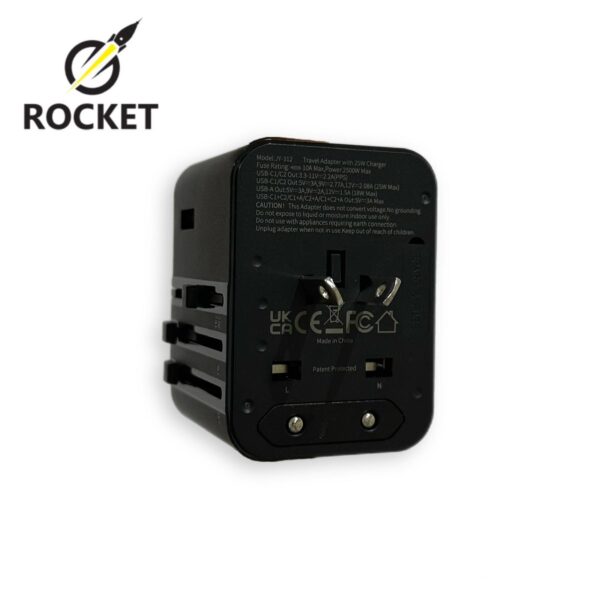 محول كهربائي عالمي للسفر 4 في 1 يحتوي على منفذين شحن Type-C بقدرة 25 واط ومنفذ USB بقدرة 18 واط من شركة ROCKET رمز المنتج (HC10) (Travel adapter fast charger)