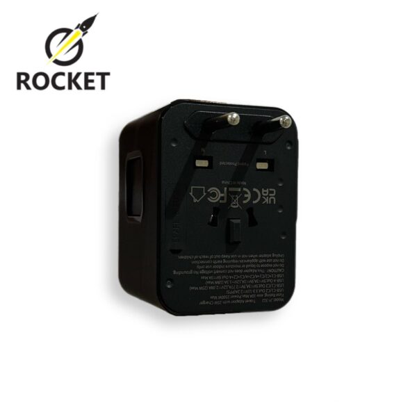 محول كهربائي عالمي للسفر 4 في 1 يحتوي على منفذين شحن Type-C بقدرة 25 واط ومنفذ USB بقدرة 18 واط من شركة ROCKET رمز المنتج (HC10) (Travel adapter fast charger)