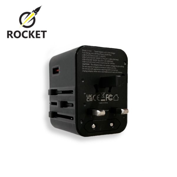 محول كهربائي عالمي للسفر 4 في 1 يحتوي على منفذين شحن Type-C بقدرة 25 واط ومنفذ USB بقدرة 18 واط من شركة ROCKET رمز المنتج (HC10) (Travel adapter fast charger)