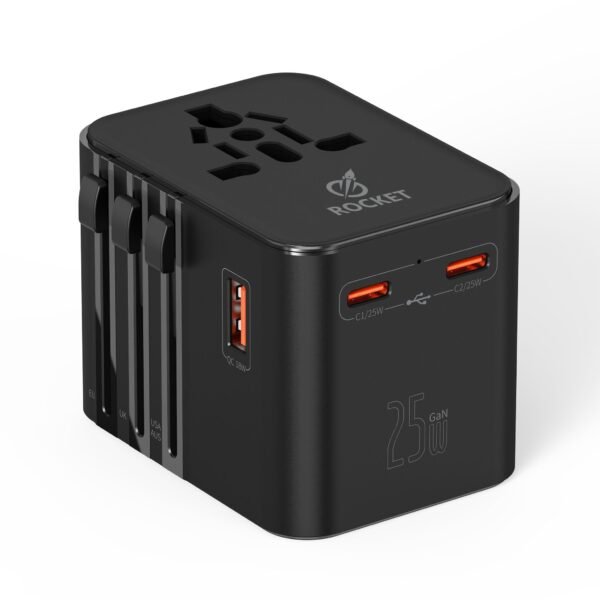 ⁦محول كهربائي عالمي للسفر 4 في 1 يحتوي على منفذين شحن Type-C بقدرة 25 واط ومنفذ USB بقدرة 18 واط من شركة ROCKET رمز المنتج (HC10) (Travel adapter fast charger)⁩ - الصورة ⁦3⁩