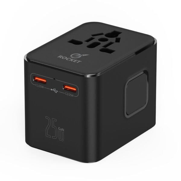 ⁦محول كهربائي عالمي للسفر 4 في 1 يحتوي على منفذين شحن Type-C بقدرة 25 واط ومنفذ USB بقدرة 18 واط من شركة ROCKET رمز المنتج (HC10) (Travel adapter fast charger)⁩ - الصورة ⁦4⁩