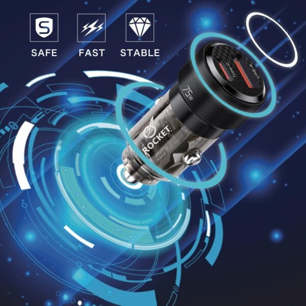⁦شاحن ولاعة السيارة بمنفذين (Type-C - USB) من شركة ROCKET⁩ - الصورة ⁦2⁩