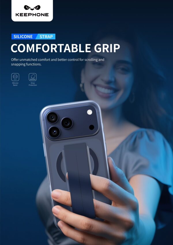 كفر KEEPHONE بتصميم أنيق وعصري لأجهزة الآيفون الحديثة, مزود بمسكة ربل مريحة وآمنة للاستخدام اليومي, مع دعم MagSafe مغناطيسي قوي وثابت, ويوفر حماية ممتازة للجهاز من الصدمات والخدوش.