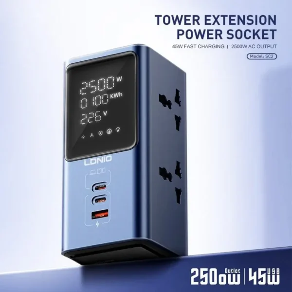 ⁦مشترك كهربائي عالمي من شركة LDNIO بقدرة شحن سريع 45 واط مع شاشة LED⁩ - الصورة ⁦3⁩